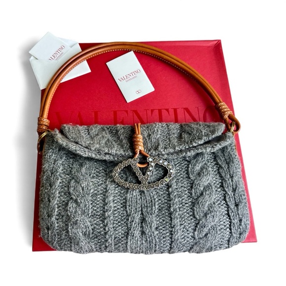 Valentino Cashmere Catch Shoulder Bag Gray Cable Knit, Swarovski Crystal